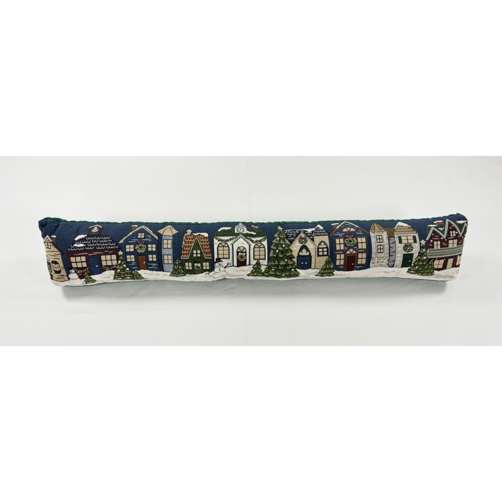 Vintage Christmas Tapestry Door Draft Stopper Winter Snowy Village Church Scene